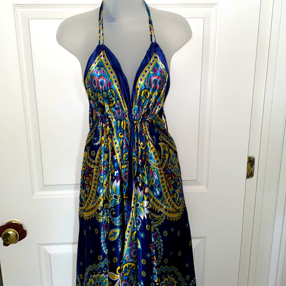 Elegant Blue Paisley Halter Dress